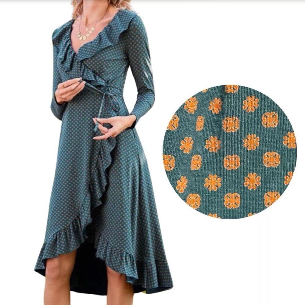 Matilda Jane Women's Teal Coral Polka Dot Wrap Jersey Ruffle Dress Size S
